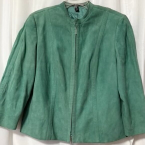 Linda Allard Ellen Tracy Green Suede Leather Jacket SZ 14 Chick Utilitarian - Picture 3 of 6